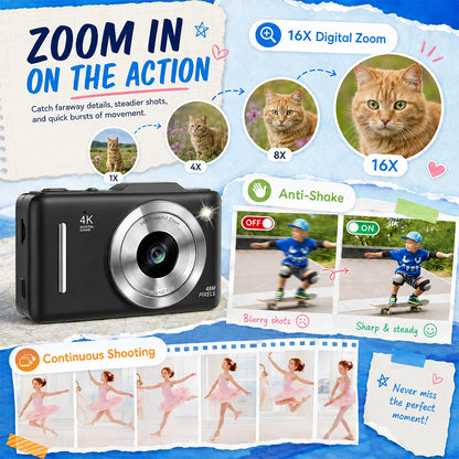 4K Digital Camera For Teen Students, 48MP Compact Photo Video Camcorder With 16X Digital Zoom, Portable Point‑and‑Shoot Camera With 32GB Card For Travel Daily Self‑Shooting