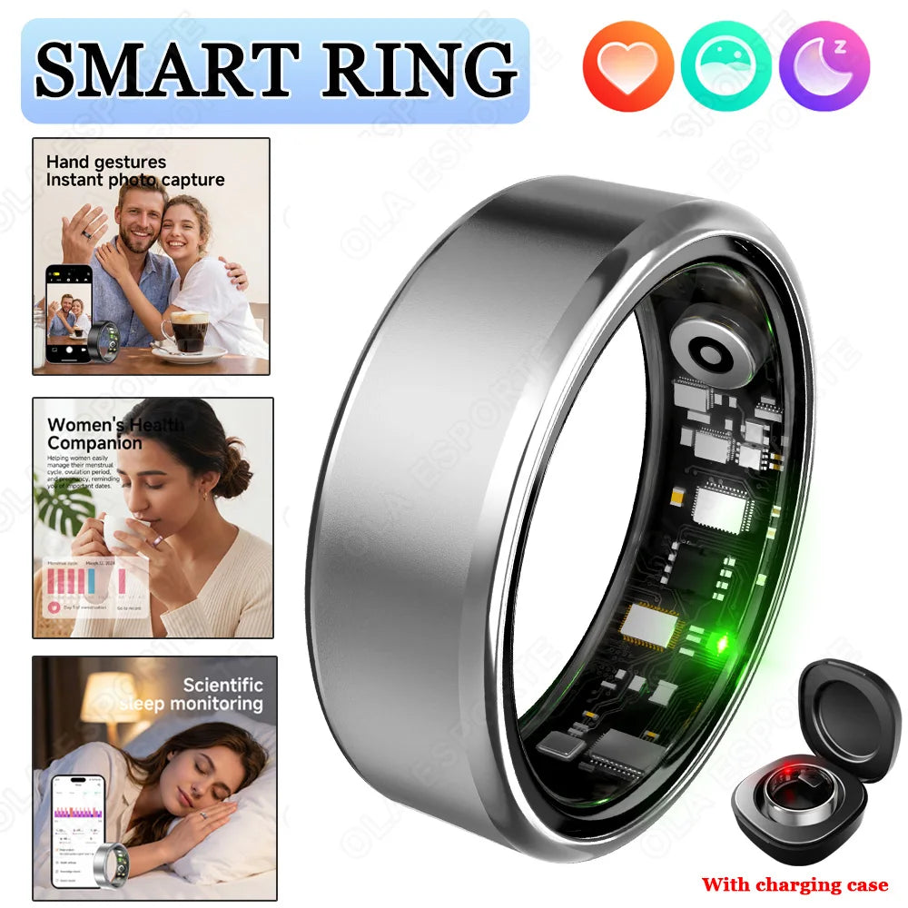 Smart Ring Men Women with Charging Case,Heart Rate Blood Oxygen,Skin Temperature Monitor,5ATM Waterproof For Android iOS 2026 New R100