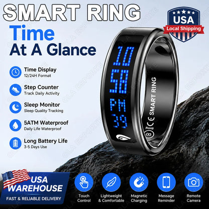 Smart Ring with Charging Base,LED Touch Display Screen,Time,Call Reminder,Gesture Brush Video,Heart Rate Blood Oxygen and Sleep Health Tracker Ring Step Counting Ring 2026 New