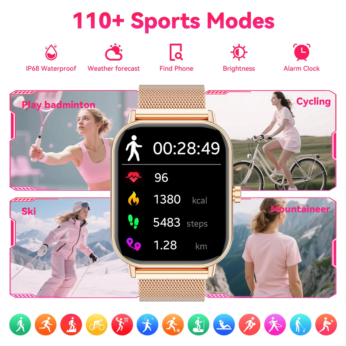 Women Fashion Smart Watch 1.85 Full Screen Bluetooth Calling Smartwatch Sleep Blood Oxygen Monitor Milan Strap Health Fitness