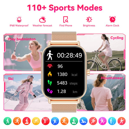 Women Fashion Smart Watch 1.85 Full Screen Bluetooth Calling Smartwatch Sleep Blood Oxygen Monitor Milan Strap Health Fitness
