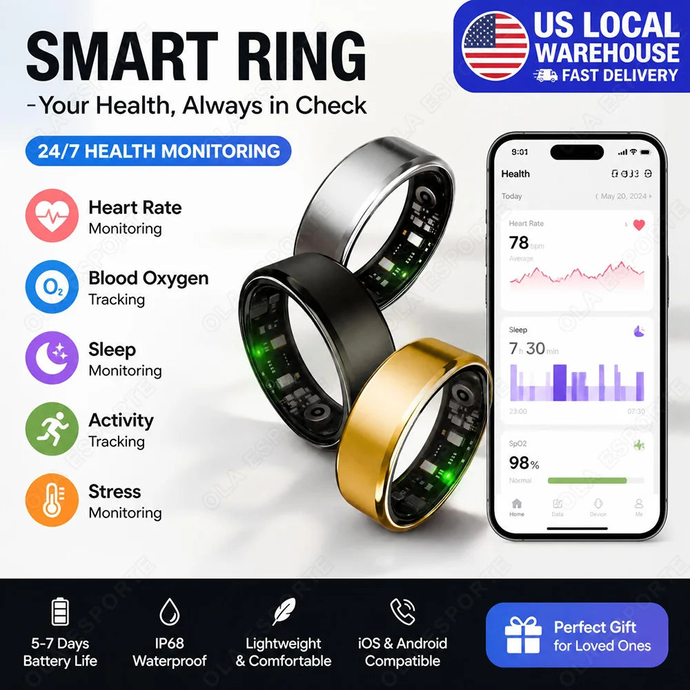 2026 New Smart Ring Heart Rate Blood Pressure Sleep Monitoring Motion Tracking IP68 Waterproof Men Women Smart Ring Holiday Gift Shipped From US R100 ﻿