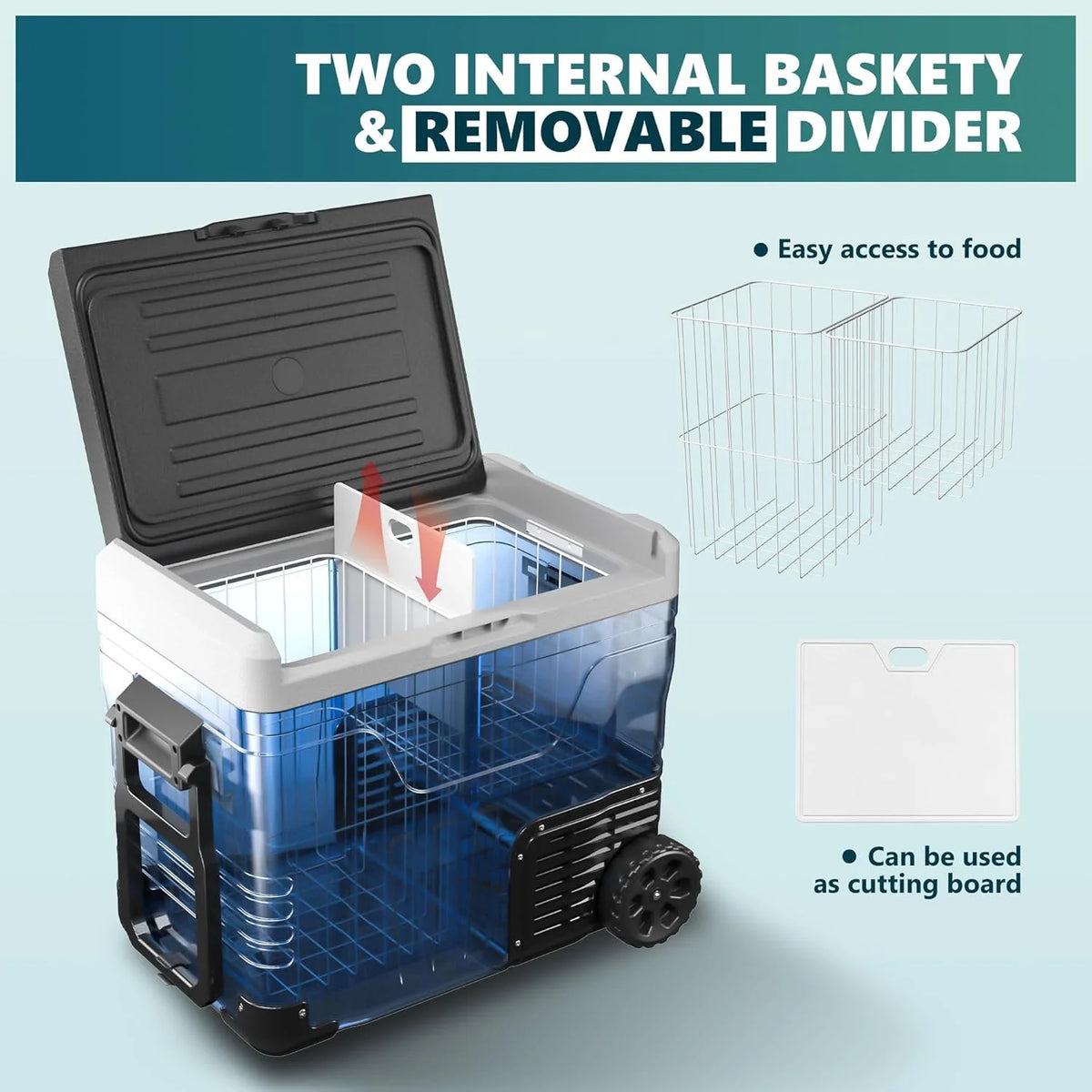 EKOJUCE 12 Volt Refrigerator, 53QT Electric Cooler, Portable Freezer With Wheels & 2 Baskets For Travel, Truck, Boat, Camping