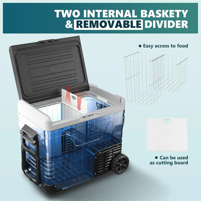 EKOJUCE 12 Volt Refrigerator, 53QT Electric Cooler, Portable Freezer With Wheels & 2 Baskets For Travel, Truck, Boat, Camping