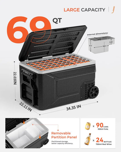 EKOJUCE 69QT Portable Refrigerator Freezer, 12V/24V DC & 100–240V AC Electric Cooler with Wheels, Car Fridge for Truck, RV, Camping, Road Trips, Travel and Outdoor Adventures