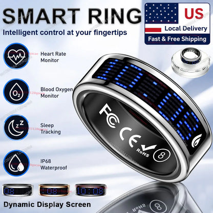 2026 Upgraded Smart Ring Men Women, Dynamic Display Screen, Health Monitoring Ring, Call Reminder, Gesture Swipe Video, Multi Sport Mode Fitness Tracker Rings IP68 Waterproof Free Shipping USA Local