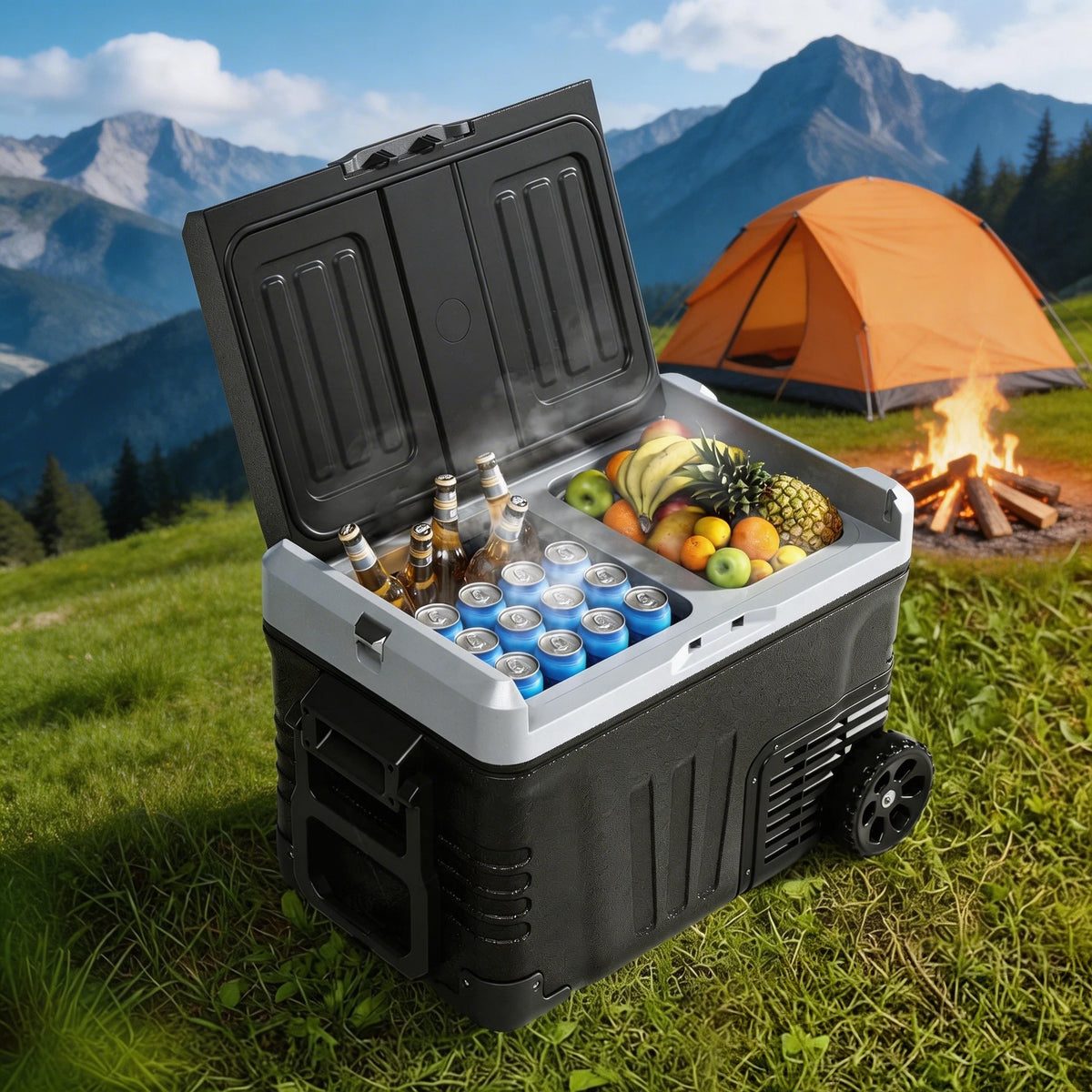 EKOJUCE 12 Volt Refrigerator, 53QT Electric Cooler, Portable Freezer With Wheels & 2 Baskets For Travel, Truck, Boat, Camping