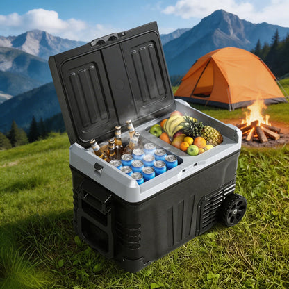 EKOJUCE 12 Volt Refrigerator, 53QT Electric Cooler, Portable Freezer With Wheels & 2 Baskets For Travel, Truck, Boat, Camping