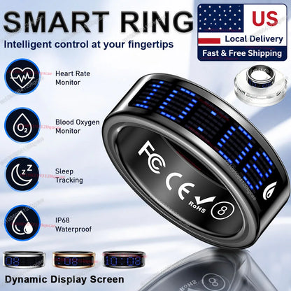 2026 Upgraded Smart Ring Men Women, Dynamic Display Screen, Health Monitoring Ring, Call Reminder, Gesture Swipe Video, Multi Sport Mode Fitness Tracker Rings IP68 Waterproof Free Shipping USA Local