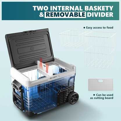 EKOJUCE 12 Volt Refrigerator, 37QT Electric Cooler, Portable Freezer With Wheels & 2 Baskets For Travel, Truck, Boat, Camping