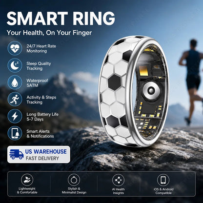 Football Smartring Incoming Call Vibration Alerts Smart Ring Gesture Control Messages Alarms Vibration Health Monitoring Heart Rate Blood Oxygen Sleep Monitor Smartring Women Men 2026 New【Local USA】