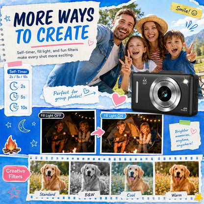 4K Digital Camera For Teen Students, 48MP Compact Photo Video Camcorder With 16X Digital Zoom, Portable Point‑and‑Shoot Camera With 32GB Card For Travel Daily Self‑Shooting
