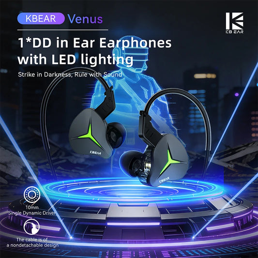 KBEAR Venus CG01 USB-C Wired Earphones Noise Isolating & Sleek LED Lighting Gaming HiFi IEMs with Mic and 10mm Dynamic Driver