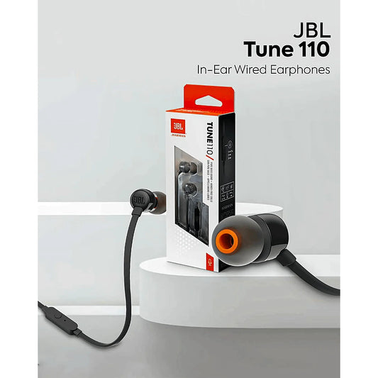 JBL TUNE110 In-Ear Headphones with Pure Bass Sound & a 3.5 mm Interface, Featuring a Built-In Microphone for Gaming and Phone Calls. Compatible with Smartphones, Gaming Consoles, and PlayStation Controllers. Soft Ear Tips wit