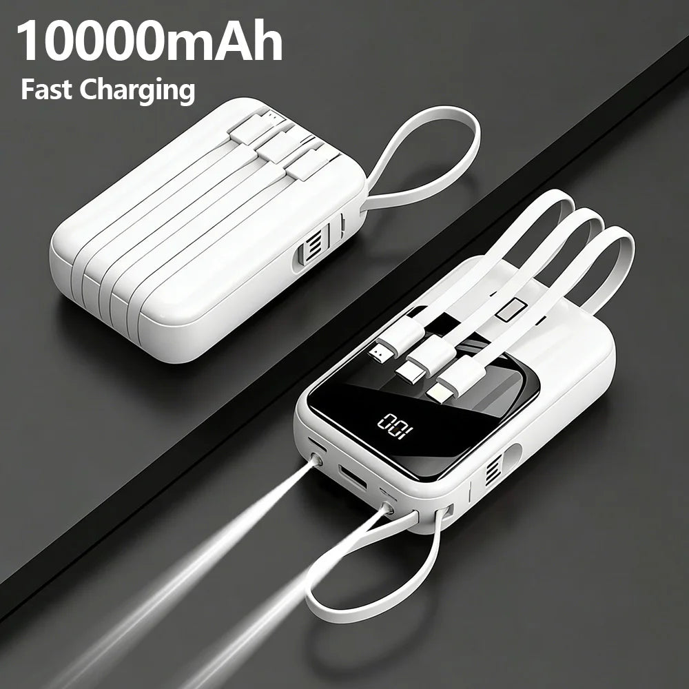 10000mAh Power Bank, Portable Charger with Built-in 4 Cables & LED Flashlight, PD22.5W Fast Charging USB-C Battery Pack, Universal Portable Power for Smartphones, Camping Travel Outdoor Essentials