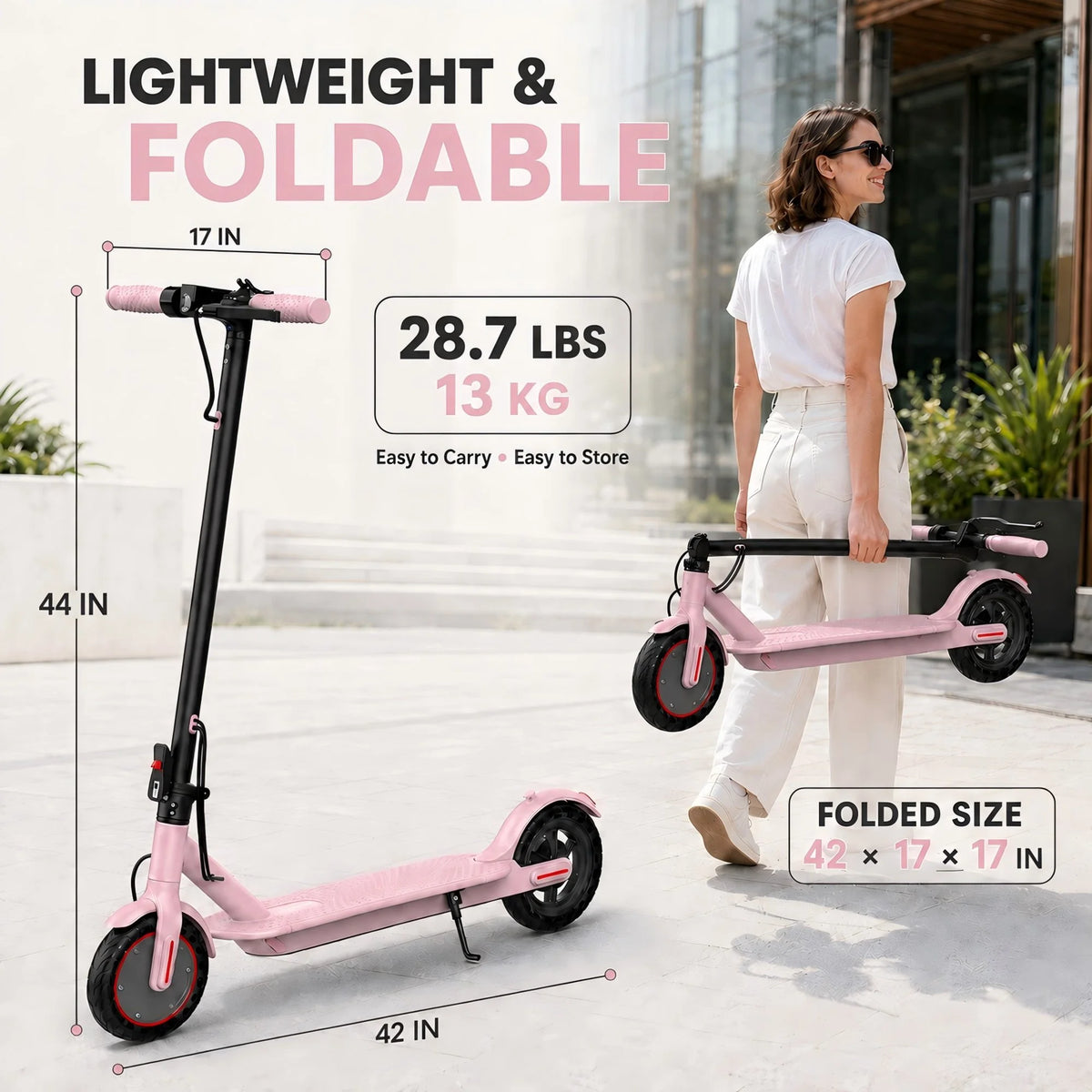 8.5inch Pink Electric Scooter, 19 MPH Top Speed, 16 Miles Range, 350W Motor, Lightweight Foldable E Scooter for Adults and Teens