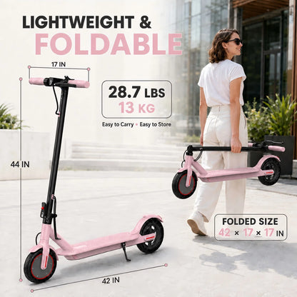 8.5inch Pink Electric Scooter, 19 MPH Top Speed, 16 Miles Range, 350W Motor, Lightweight Foldable E Scooter for Adults and Teens