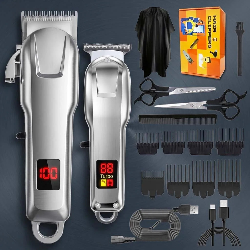 Professional 3-in-1 Hair Clipper Trimmer Set for Men - Electric Shaver Rechargeable Grooming Kit with LED Display Beard Trimming Machine