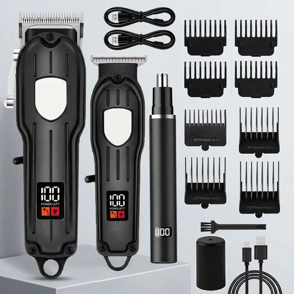Professional Cordless Hair Clipper Set with LCD Display, Rechargeable Electric Trimmer for Men, Beard & Nose Hair Trimmer All-in-One Grooming Kit , Barber Tools with Combs & Scissors - Perfect Gift for Him