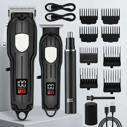 Professional Cordless Hair Clipper Set with LCD Display, Rechargeable Electric Trimmer for Men, Beard & Nose Hair Trimmer All-in-One Grooming Kit , Barber Tools with Combs & Scissors - Perfect Gift for Him