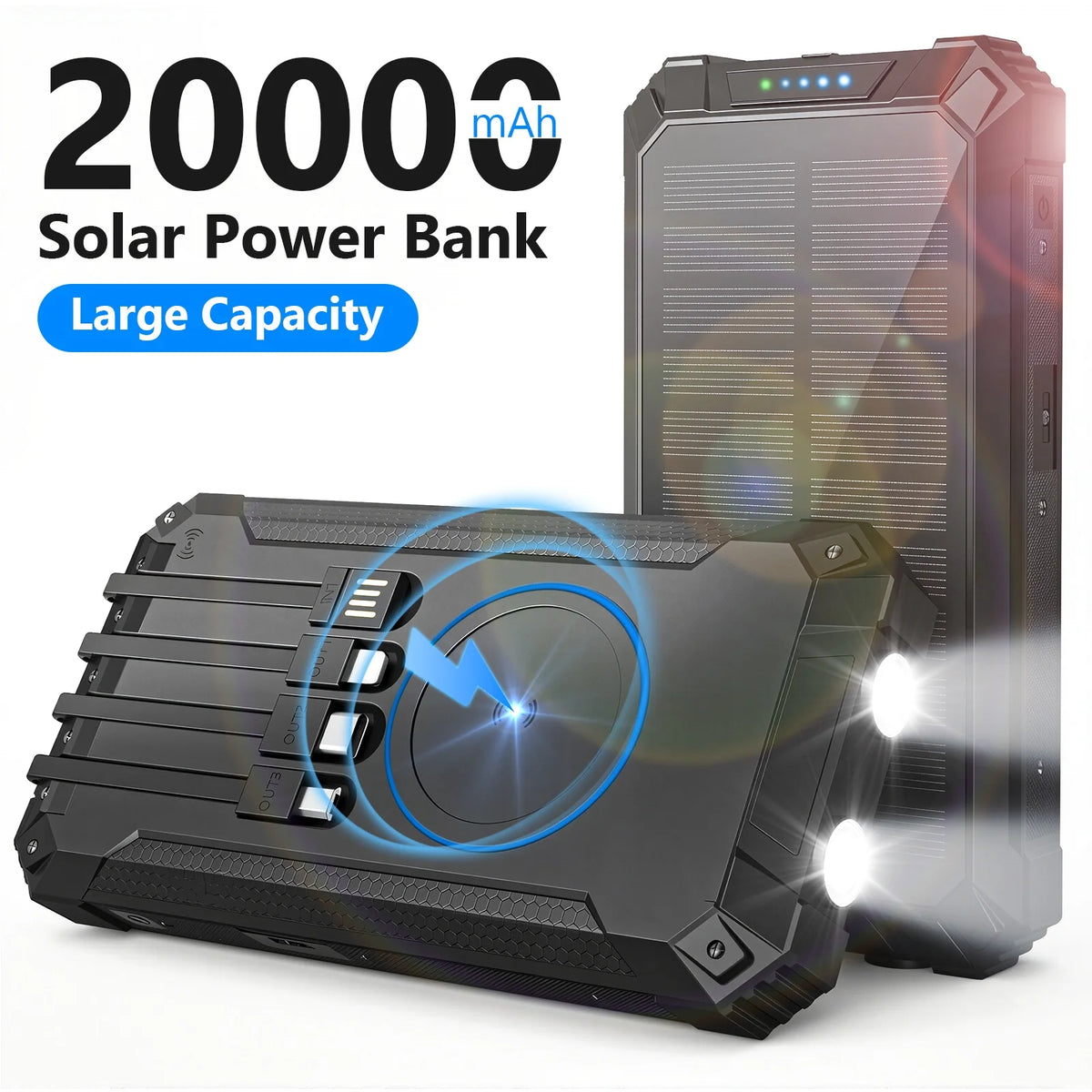 20000mAh Portable Solar Power Bank Dual LED Lights 4 Built-in Cables Fast Charging for iPhone Android Phones AirPods
