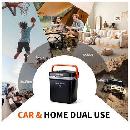 26L Electric Cooler & Warmer Car Refrigerator - Portable 12V DC for Cars/Trucks + 110V AC Home Cord, Auto-Lock Carry Handle, Plug-In Cooling/Heating, Dual Power Mini Fridge, Black/Orange