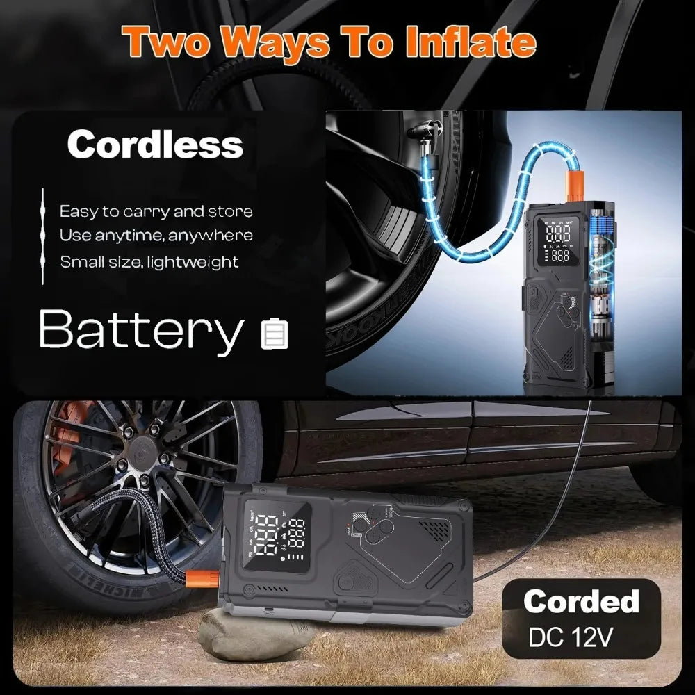 6 in 1 Jump Starter with Air Pump Peak 5000A Booster 150PSI Tire Inflator 8L Gas/4L Diesel with DC Power Cord 400LM Flashlight