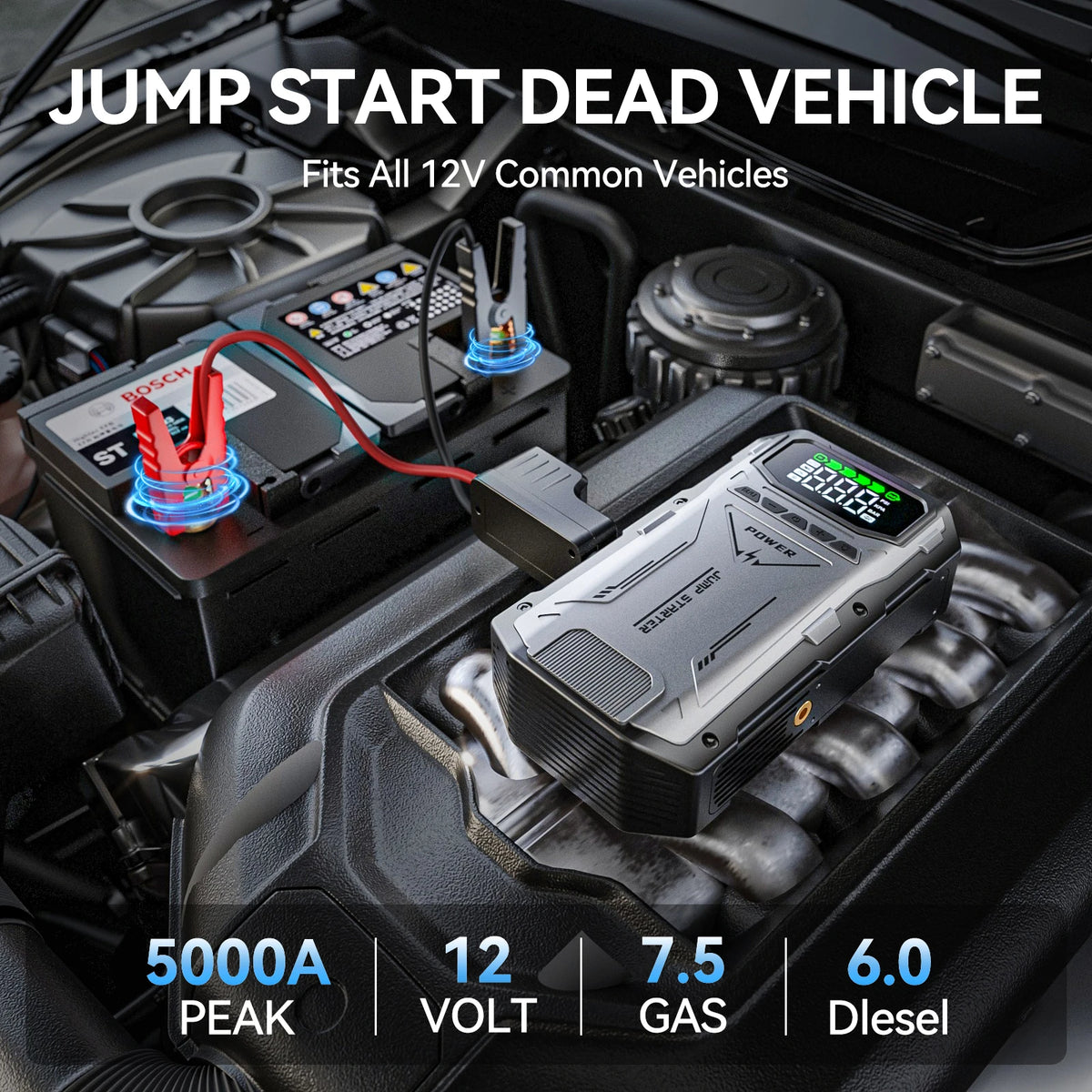 Portable Car Jump Starter With Air Compressor, 5000A Peak(7.5L Gas, 6.0L Diesel) , Jump Starter Battery PackWith150 PSl Tire Inf