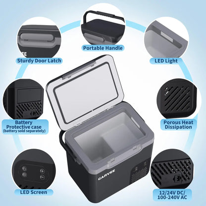 Car Refrigerator 19QT 18L Car Fridge Portable Freezer Compressor Electric Cooler Portable Refrigerator Rapid Freezing -4 Degree Fahrenheit To 68 Degree Fahrenheit 12V 24V DC Can Use Internal Battery Not Included LCD Built-In