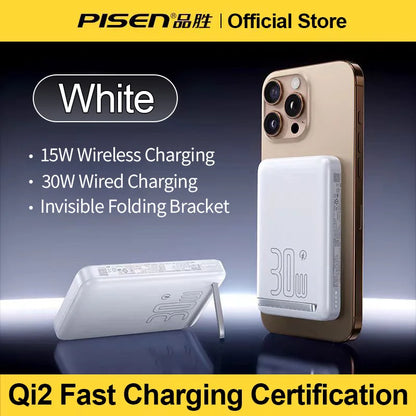 PISEN PD 30W Qi2 15W Wireless Magnetic Power Bank 10000mAh With Stand Fast Charging Powerbank For MagSafe iPhone 17 16 15 14