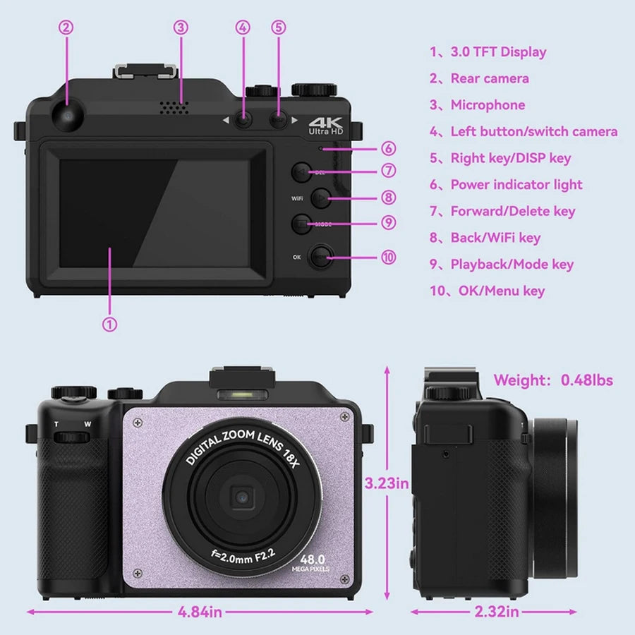 48MP Camera for Photography,4K Digital Camera for Kids and Adults with Front and Rear Dual Cameras,18X Digital Zoom,Built-in 7 C