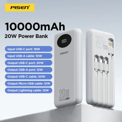 PISEN Power Bank 10000mAh 20W Fast Charging Powerbank With 4 Built-in Cables Smart LED Display For iPhone Samsung Xiaomi iPad Huawei