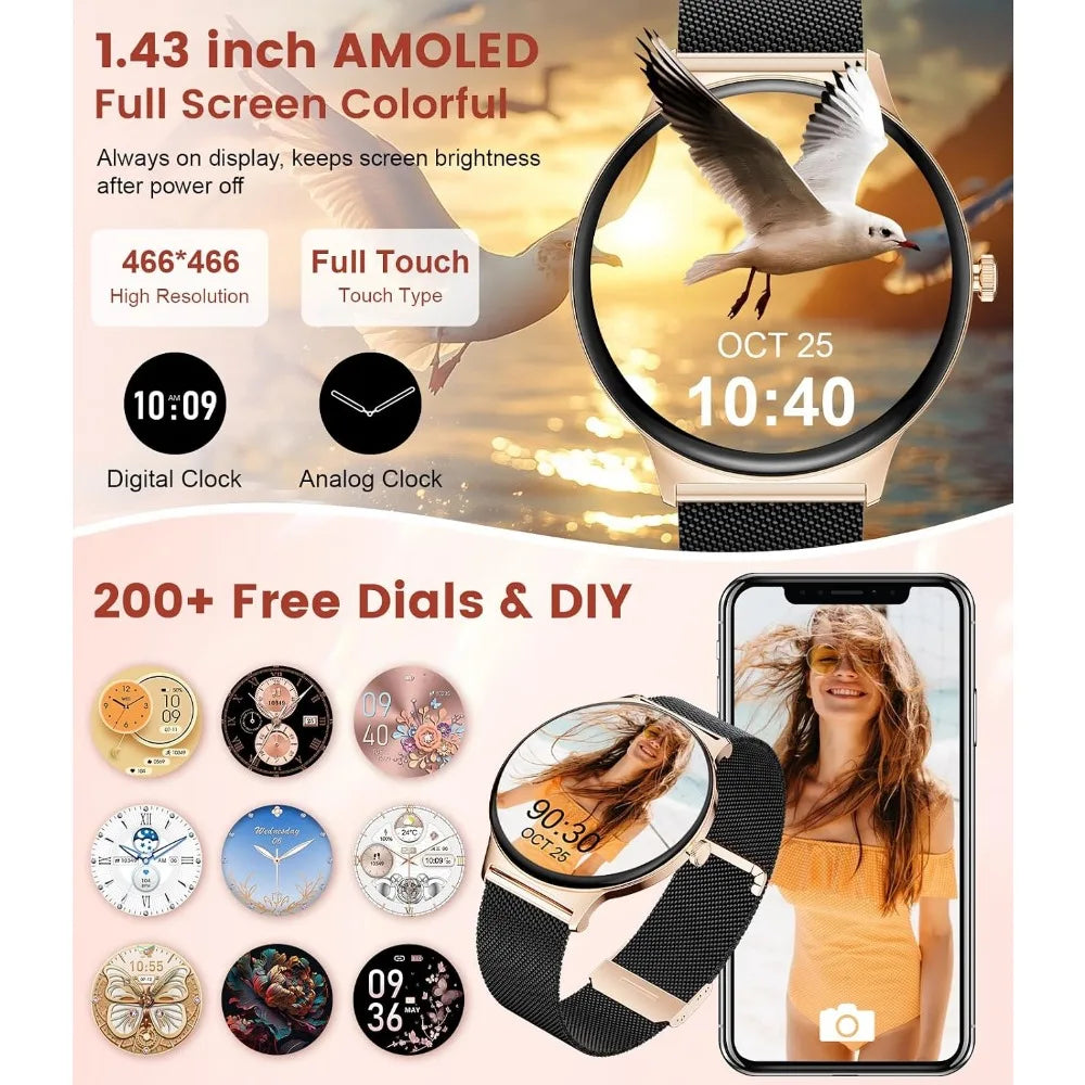Women's Smart Watch with 1.43" AMOLED Display, Call Dial/Answer, 100+ Sport Modes, Waterproof Fitness Tracker for iOS & Android