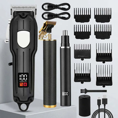 Professional Cordless Hair Clipper Set with LCD Display, Rechargeable Electric Trimmer for Men, Beard & Nose Hair Trimmer All-in-One Grooming Kit , Barber Tools with Combs & Scissors - Perfect Gift for Him