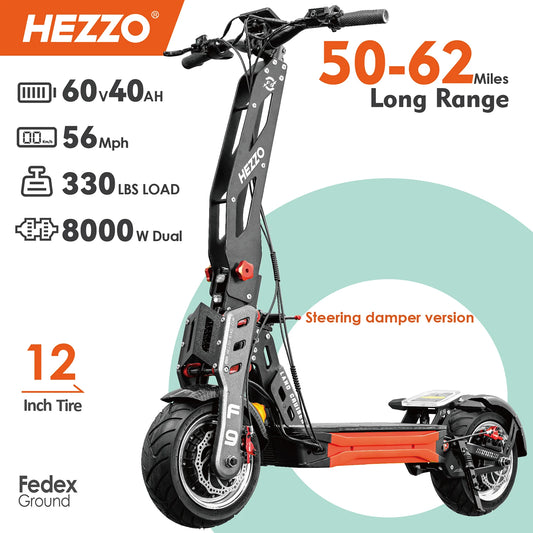 HEZZO F9 Folding Electric Scooter 12Inch Aluminum Alloy E-Scooter 60V 8000W Dual Motors 53Mph Powerful Escooter 40Ah 63Miles Long Range Hydraulic Oil Brakes Waterproof Offroad Scooter