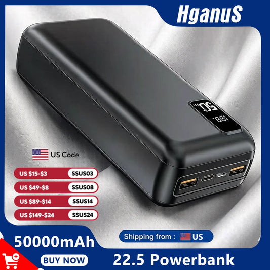 Hganus 50000mAh Powerbank 22.5W Fast Charge Protable Powerbank External Battery High Capacity For IPh Xiaomi Samsung Outdoor Use