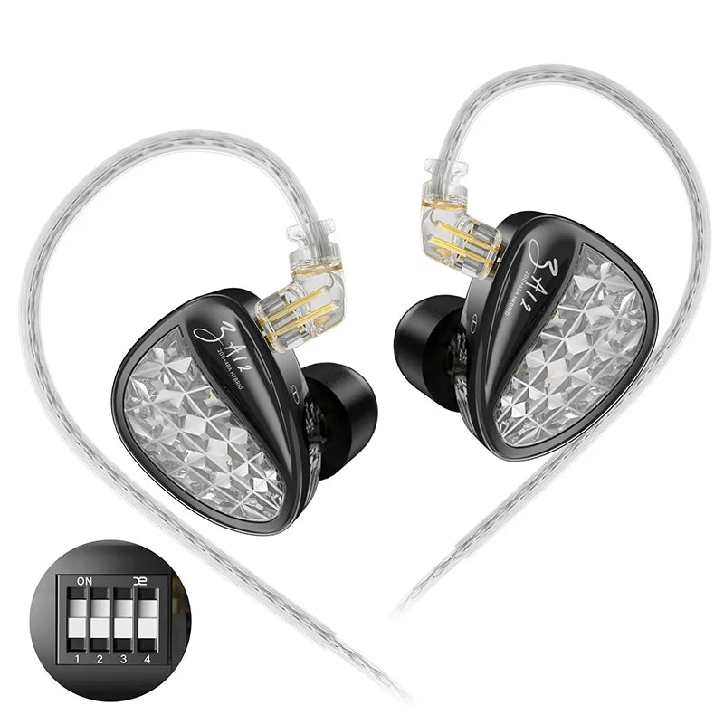 KZ ZA12 In Ear Earphones Wired IEM Headphones 2DD 4BA Hybrid Earbuds With 4 Step Tuning Switch Silver Plated Detachable Cable HiFi Audio For Audiophiles Musicians Gaming