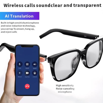AI smart glasses with built-in translation for over 100 languages; transparent, blue-light-blocking, wireless ; magnetic clip-on ; translation controlled via an app; built-in speakers; 360 °   stereo sound