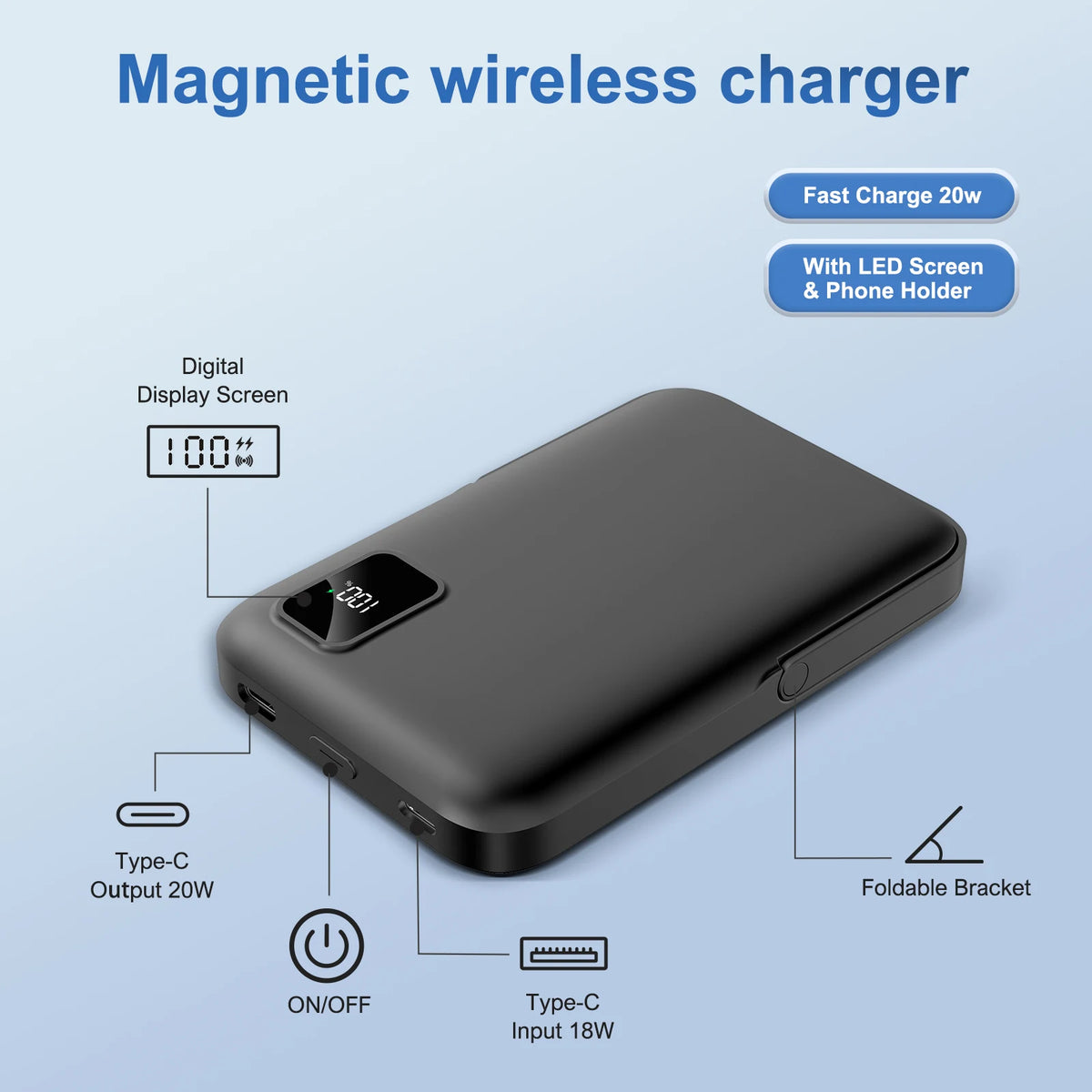 10000mAh Magnetic Power Bank Ultra-Thin Portable 20W Fast Charging with Digital Display USB-C Cable Foldable MagSafe for iPhone