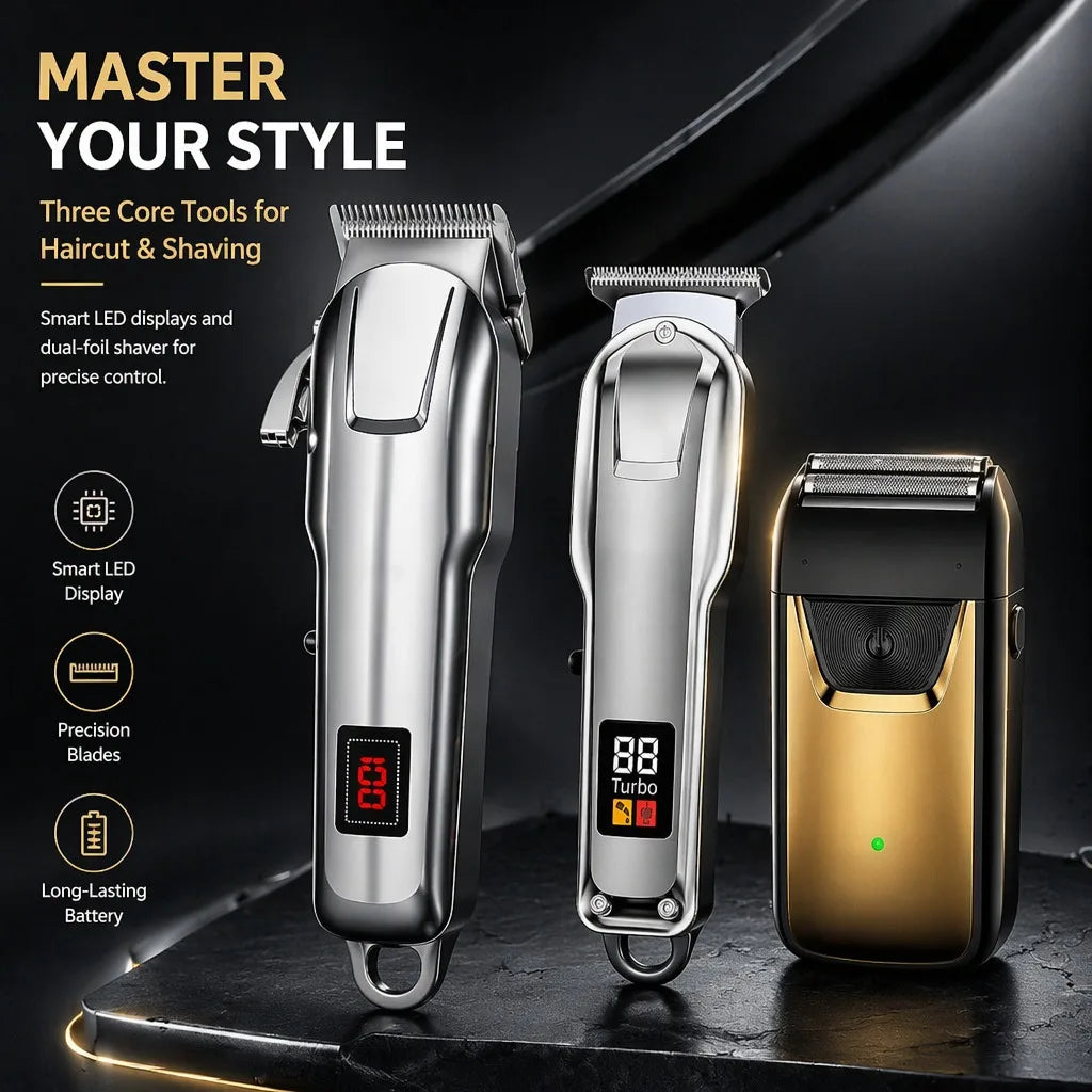 Professional 3-in-1 Hair Clipper Trimmer Set for Men - Electric Shaver Rechargeable Grooming Kit with LED Display Beard Trimming Machine