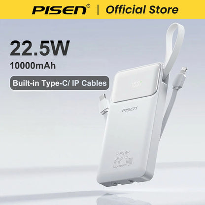 PISEN 22.5W Power Bank 10000mAh With Built-in Type C/L Cables Fast Charging Powerbank LED Display, Portable Charger For iPhone Samsung