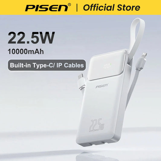 PISEN 22.5W Power Bank 10000mAh With Built-in Type C/L Cables Fast Charging Powerbank LED Display, Portable Charger For iPhone Samsung