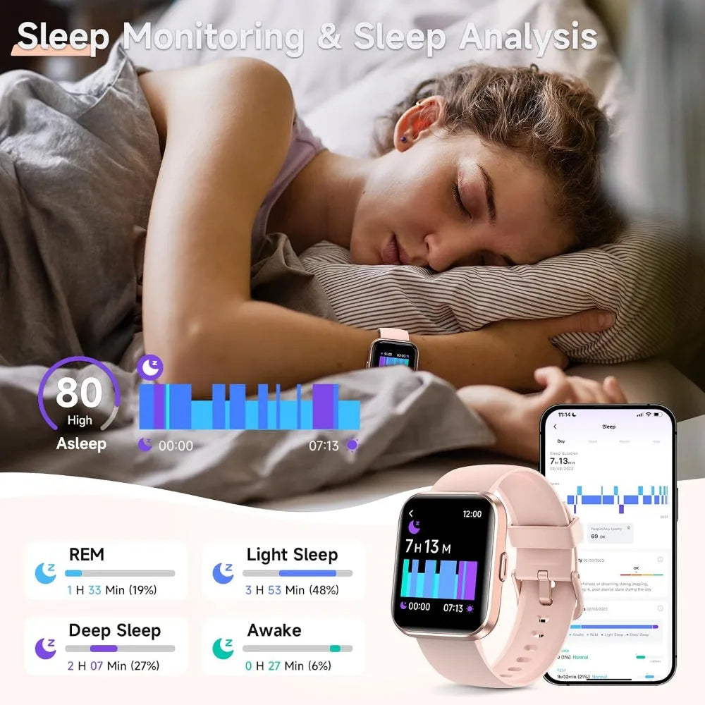 1.8" Touch Screen Fitness Tracker, Women's Smartwatch with Call/Message, HR/Sleep Monitor, Waterproof, Sport Modes, 2 Bands