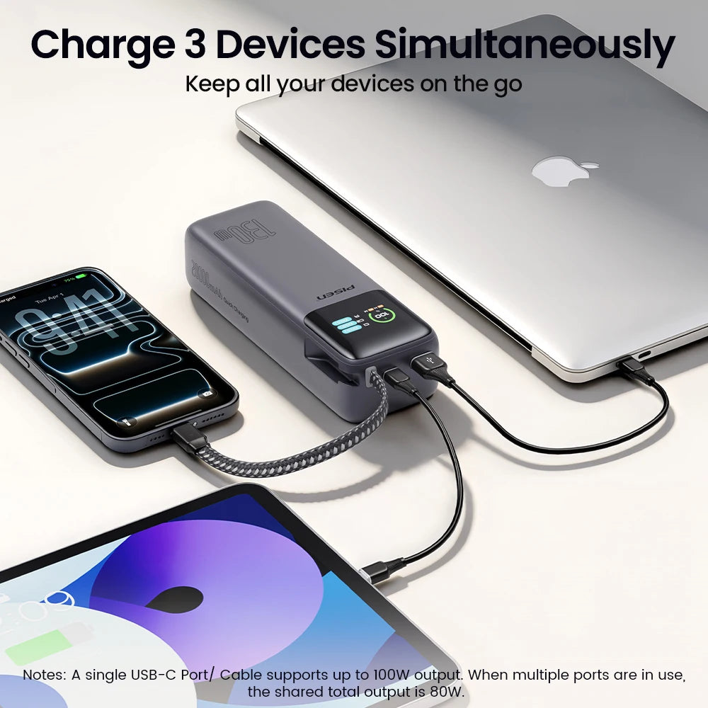 PISEN 130W Power Bank With Fast Charging USB-C Cable 20000mAh PD3.0 Powerbank for Laptop Notebook iPhone External Battery