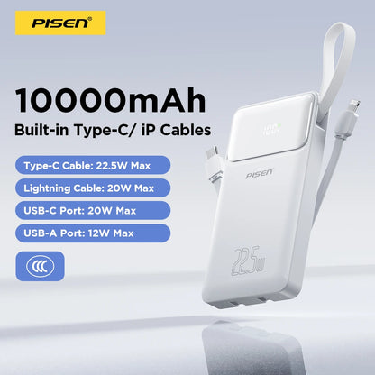 PISEN 22.5W Power Bank 10000mAh With Built-in Type C/L Cables Fast Charging Powerbank LED Display, Portable Charger For iPhone Samsung