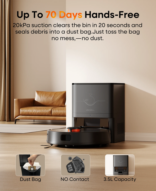 Refurbished UNINELL By Erabros UR3 Robot Vacuum and Mop Combo, 7000Pa Suction Robotic Vacuum, Self-Emptying 90 Days Capacity, LiDAR Navigation Home Mapping, 180 Mins, App/Alexa, for Pet Hair Carpets Hard Floors