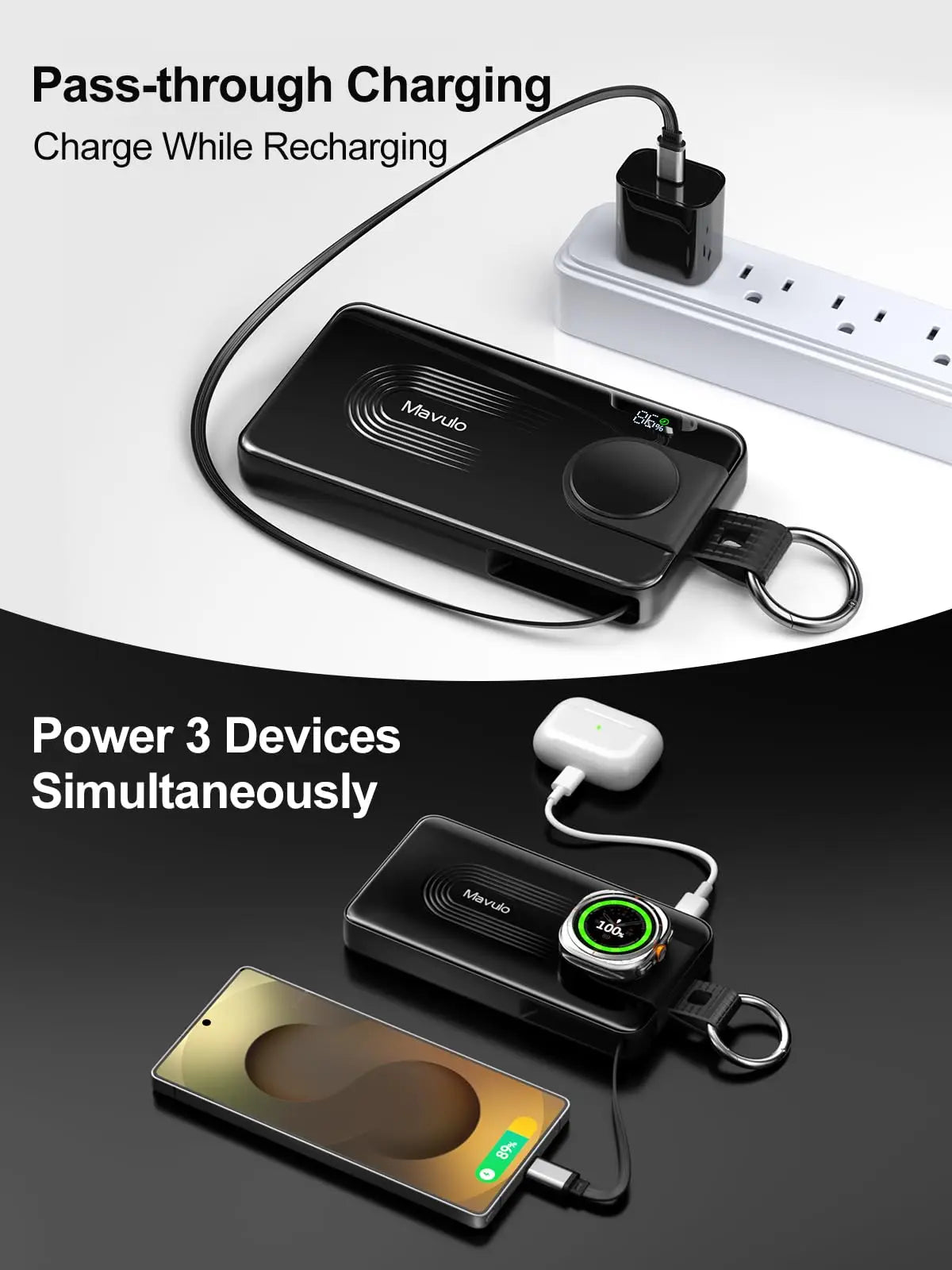 10000mAh Portable Charger for Samsung Galaxy Watch 6/6 Classic/5 Pro/4/3 Active 2/1 Power Bank 20W Fast Charging Retractable USB-C Cable Keychain Design LED display Travel Essentials Battery Pack for iPhone 15-17 Series