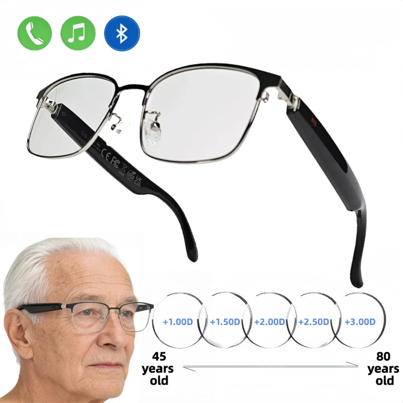 VUB Music Bluetooth Audio Smart Reading Glasses Blue Light Blocking Lenses Metal Frame
