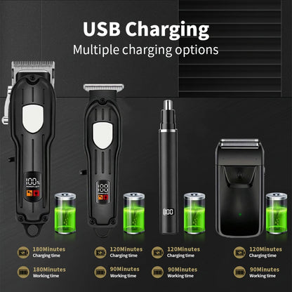 Professional Cordless Hair Clipper Set with LCD Display, Rechargeable Electric Trimmer for Men, Beard & Nose Hair Trimmer All-in-One Grooming Kit , Barber Tools with Combs & Scissors - Perfect Gift for Him