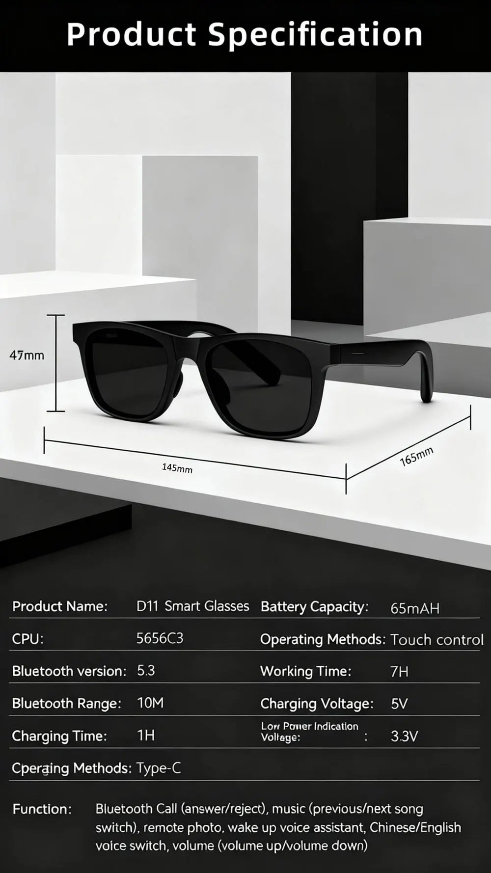 New D11 Smart Glasses Wireless Calling Music Play Bluetooth With Microphone Glasses Speaker Hands-Free Headphones Motion Stereo